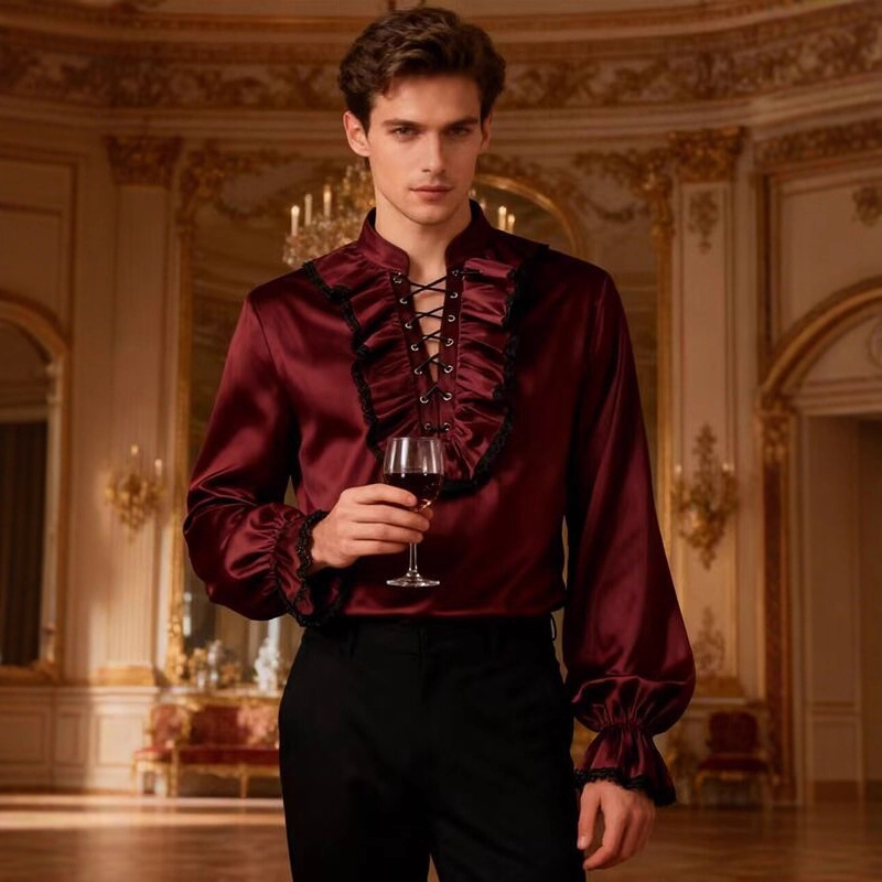 Layered Necklace Set - Men's victorian shirt Velvet Ruffle Vampire